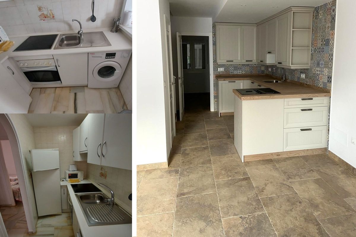 Komplette Renovierung der Küche in einer Wohnung in der Wohnanlage Laguna Beach, Torrox. Vorher-Nachher