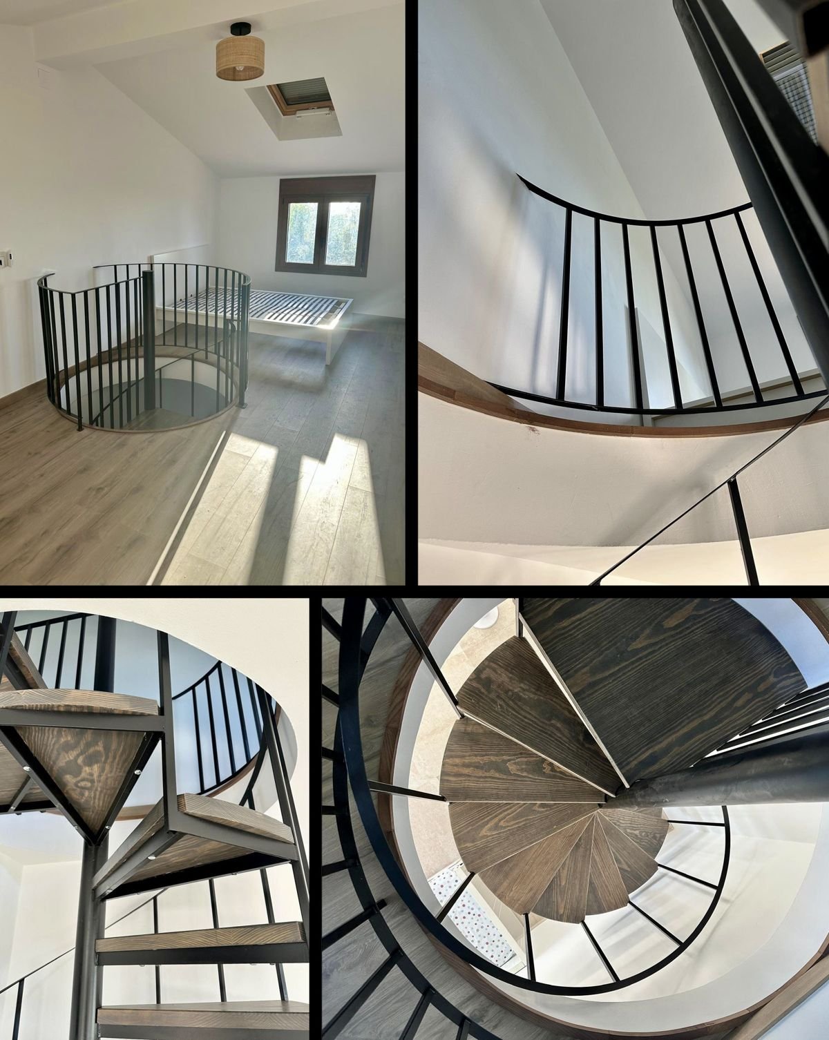 Detalles y vistas desde distintos ángulos de escalera de caracol metálica con peldaños de madera en casa de campo.